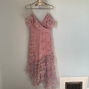 Homecoming pink mauve sequin flower overlay dress